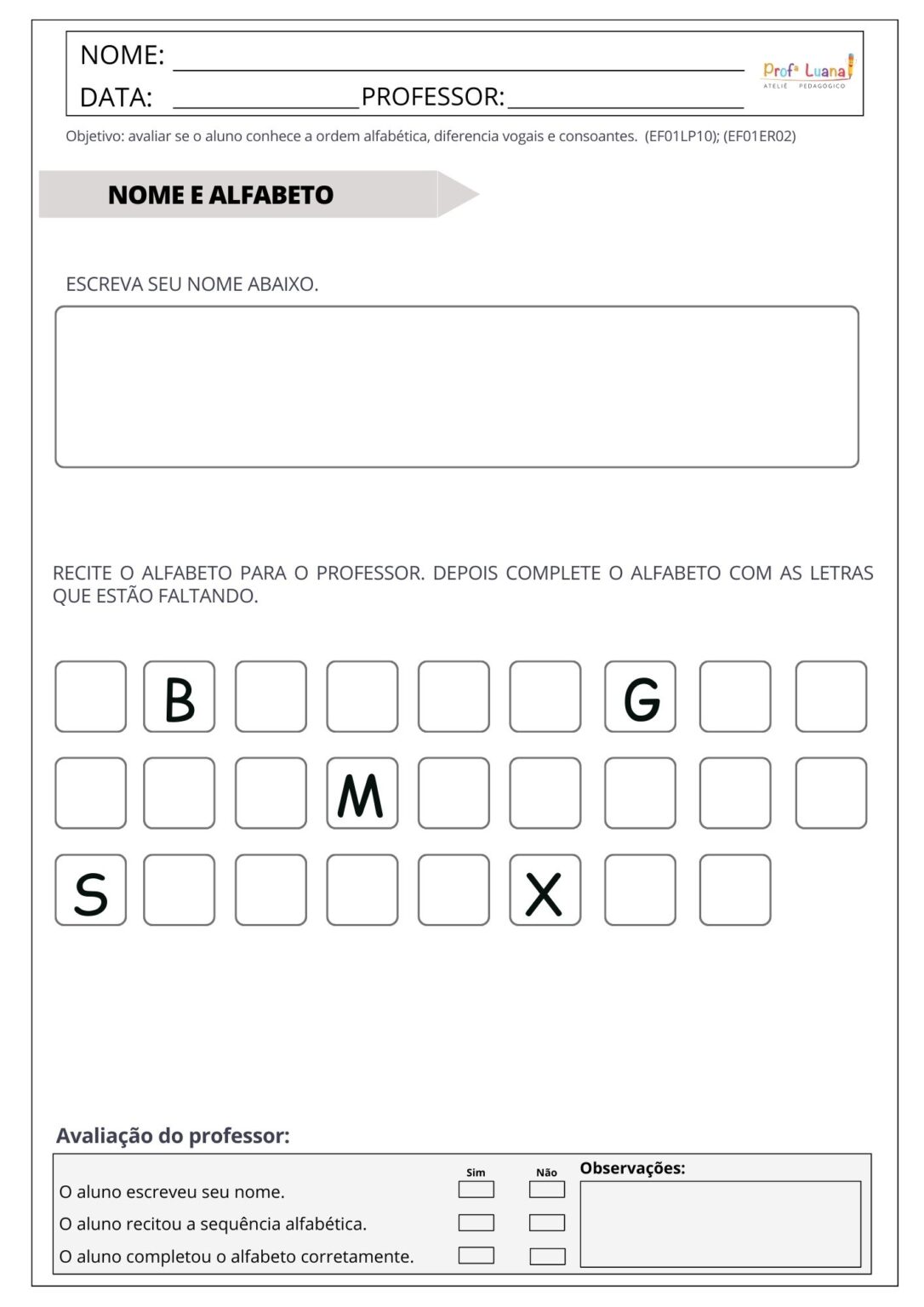 Avaliação Diagnóstica Português – Ed Infantil ao 2ºano – Professora Luana!